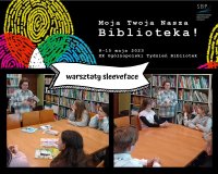 kolaż zdjęć dzieci z bibliotekarką