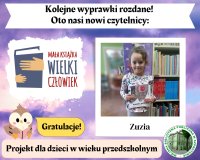 kolaż zdjęcia nowej czytelniczki oraz logo projektu Mała Książka Wielki Człowiek i biblioteki