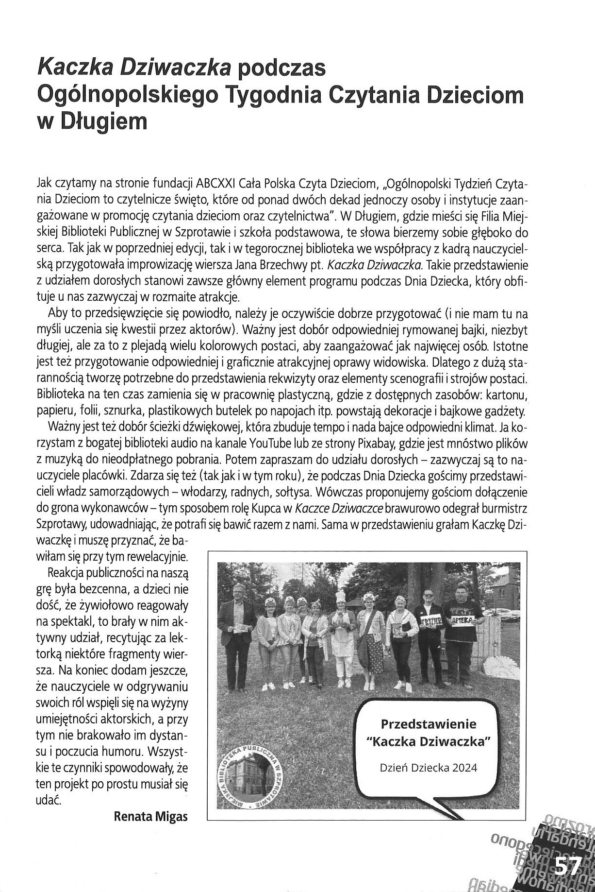 skan z czasopisma bibliotekarz lubuski nr 2 2024 1 2025 58 59 str. 57 Kaczka Dziwaczka podczas Ogólnopolskiego Tygodnia Czytania Dzieciom w Długiem aut. R. Migas