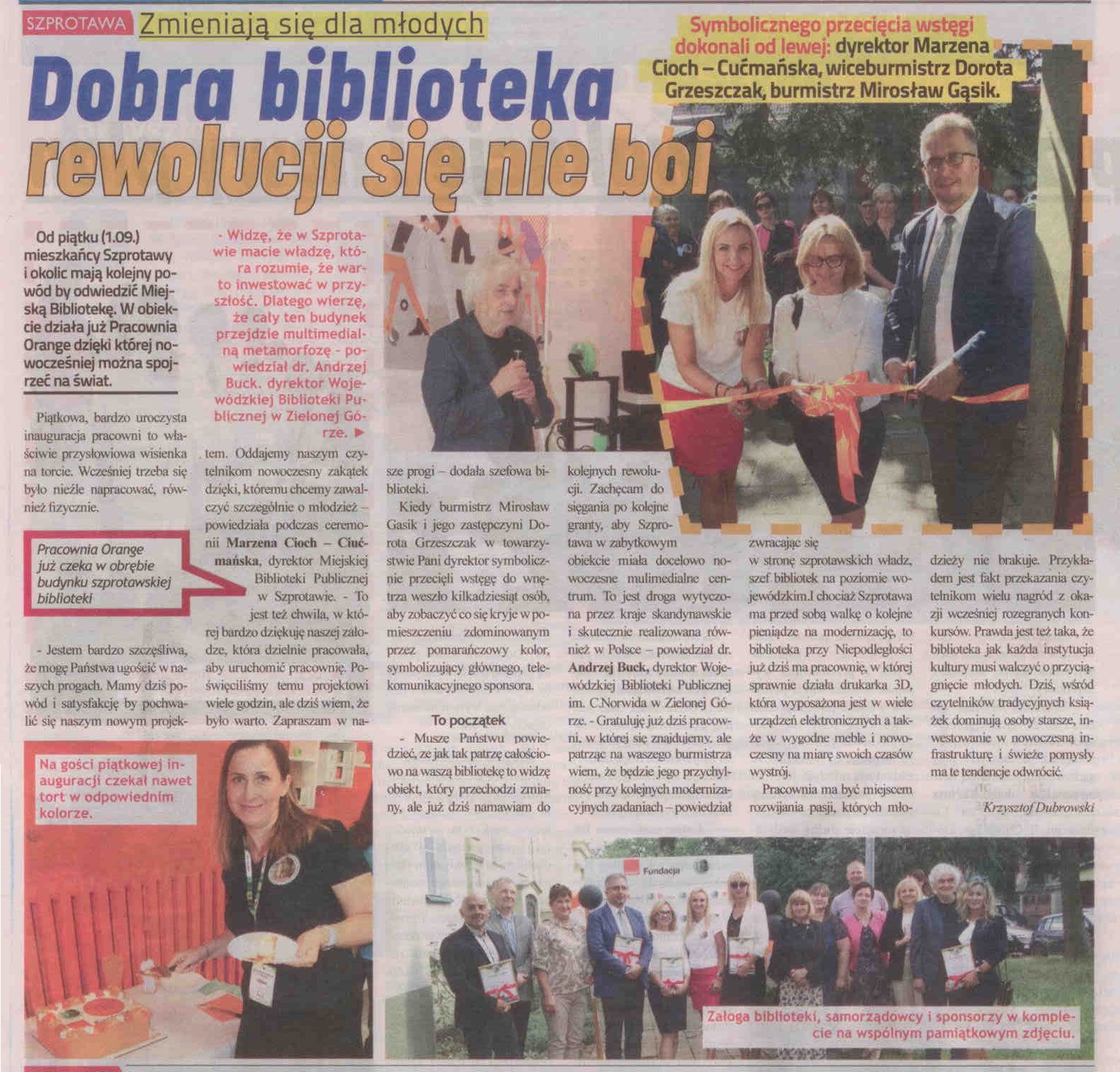 skan artykułu z otwarcia pracowni orange ze zdjęciami z imprezy