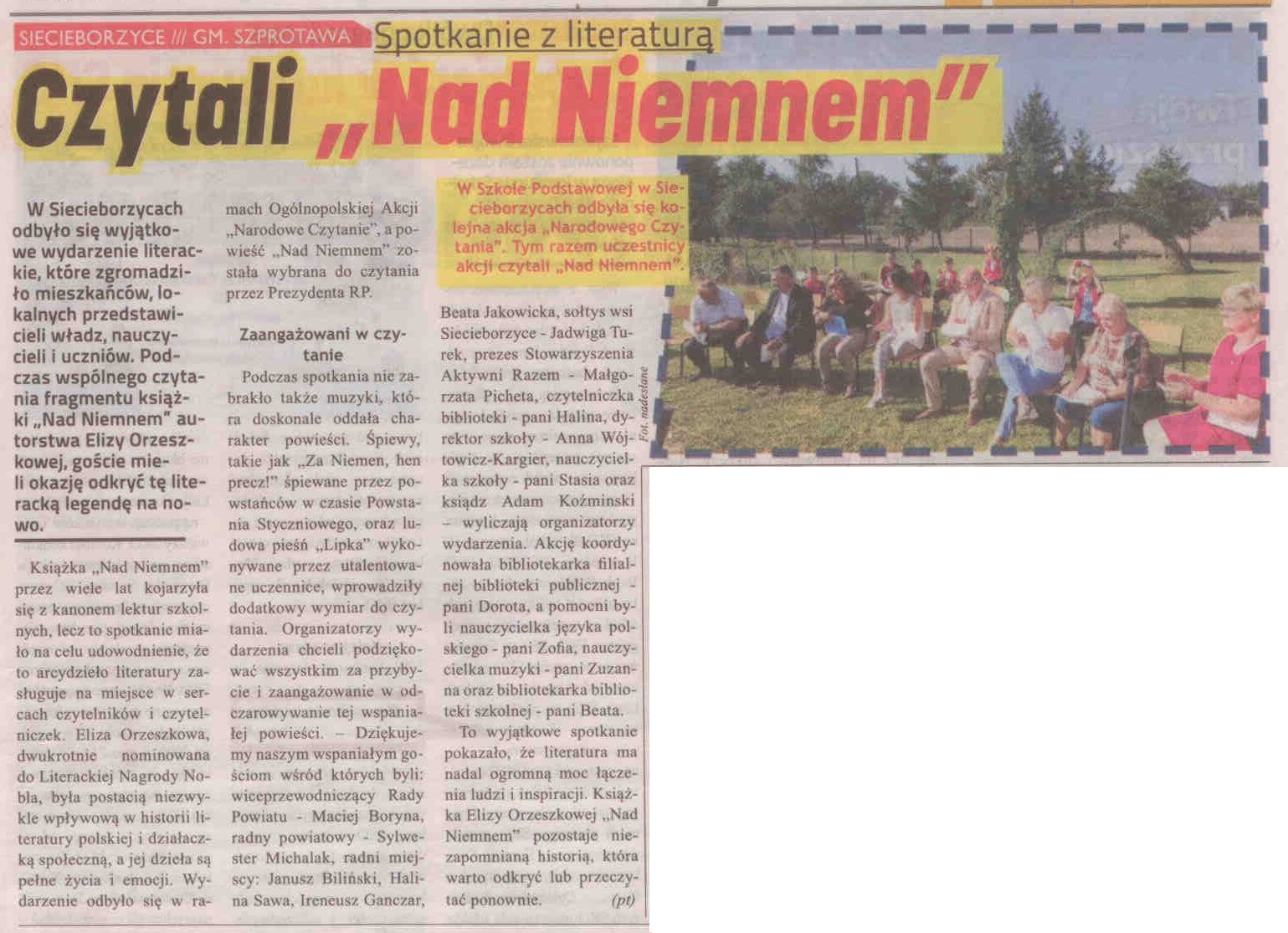 skan gazety lokalnej nr 37, str 19 Czytali nad Niemnem zut. pt, zdjęcie z czytania w siecieborzycach