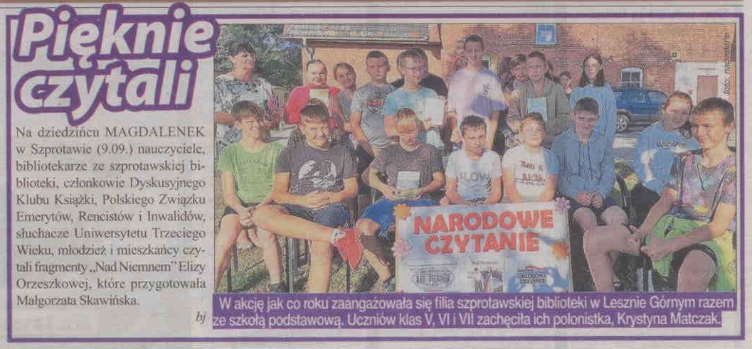 skan gazety regionalnej  z artykułem z narodowego czytania tytuł pięknie czytali i zdjęciem uczniów i wychowawczyni klasy z leszna górnego