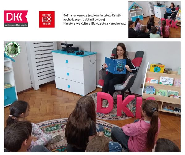zdjęcie bibliotekarki w fotelu czytającej dzieciom książkę na górze belka logotypowa DKK Instytutu książki oraz informacja o dofinansowaniu z dotacji Ministerstwa Kultury i Dziedzictwa Narodowego