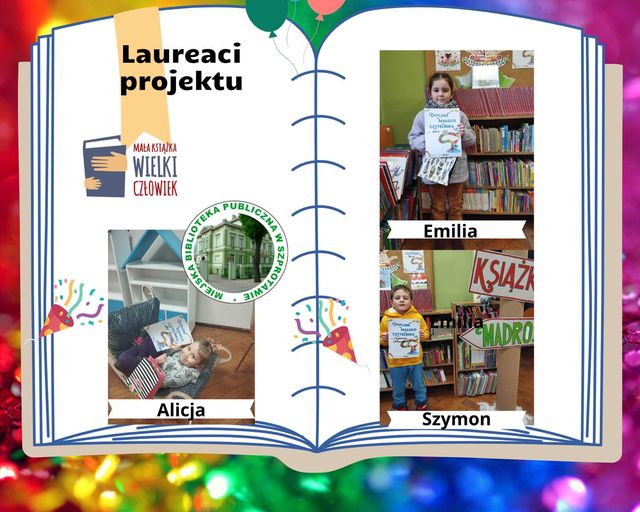 kolaż zdjęć laureatów projektu mała książka wielki człowiek po lewej stronie logo biblioteki i projektu w brokatowej ramce