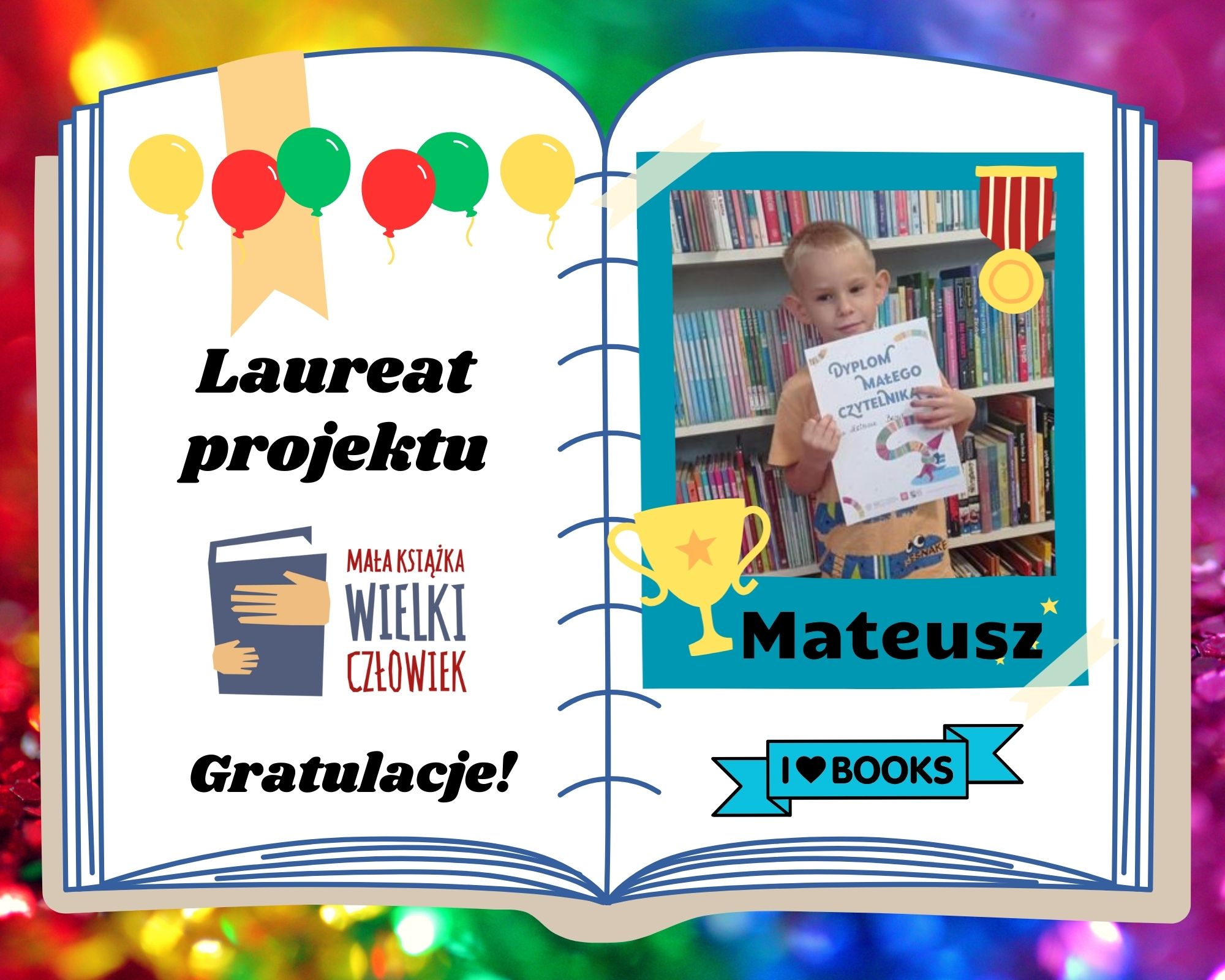 kolaż dziecka z dyplomem w ramce i napis laureat projektu mała książka wielki człowiek. gratulacje