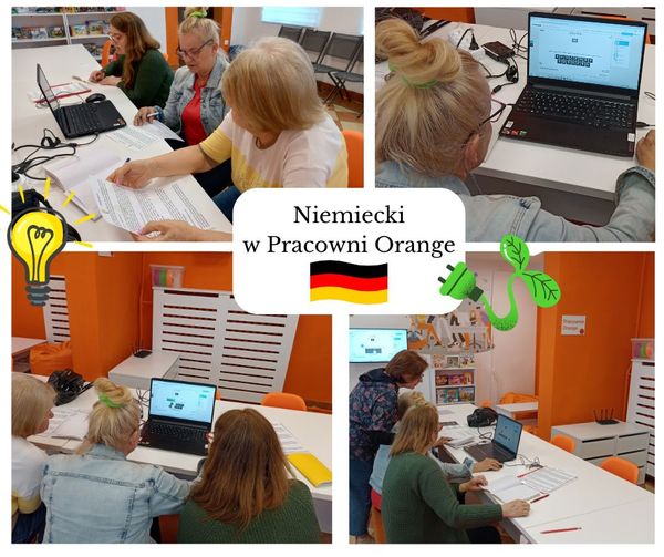 kolaż czytelniczek podczas rozwiązywania zadań na laptopach pośrodku napis niemiecki w pracowni orange