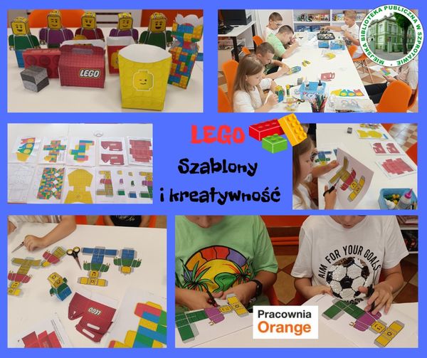 kolaż zdjęć dzieci podczas wycinania i składania postaci Lego z papieru pośrodku napis LEGO szablony i kreatywność na górze logo biblioteki na dole logo pracowni orange
