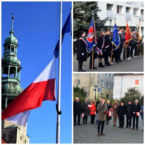 kolaż zdjęć flagi na tle ratusza i zgromadzonych gości