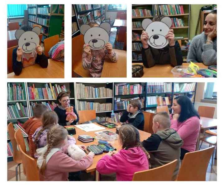 kolaż zdjęć dzieci z maskami misia i bibliotekarki pokazującej dzieciom złożonego z ręcznika misia