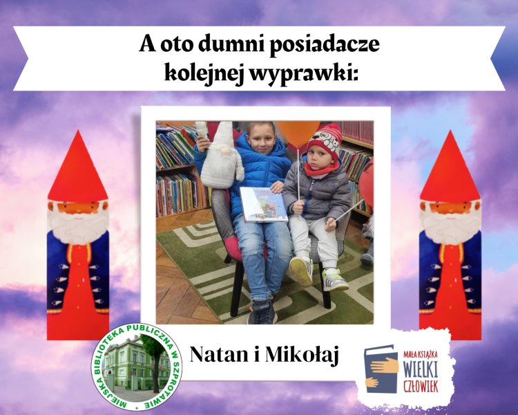 zdjęcie dwóch chłopców w fotelu z książką i balonami, na górze napis  a oto dumni posiadacze kolejnej wyprawki. na dole logo biblioteki i projektu