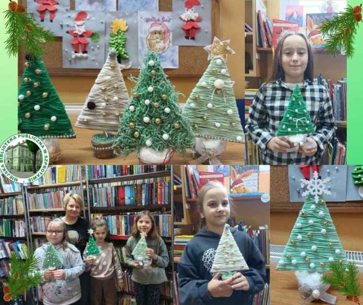 kolaż zdjęć bibliotekarki i dzieci prezentujących wykonane ekologiczne choinki z kartonu i włóczki