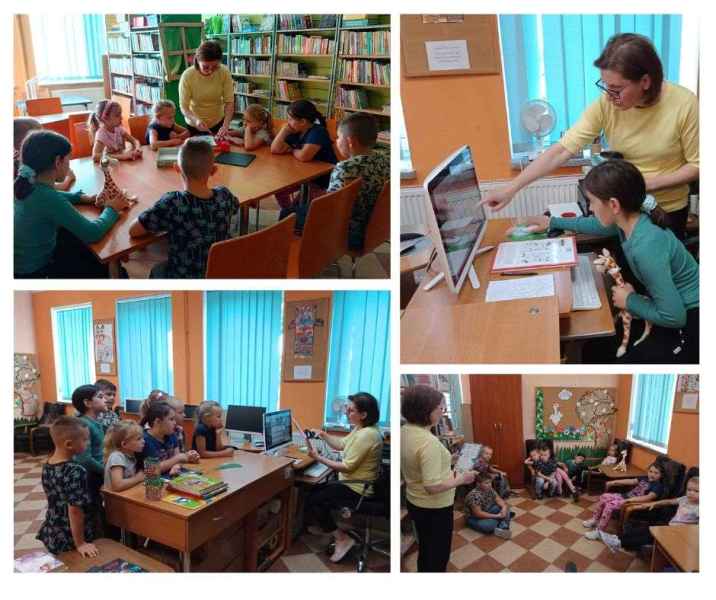 kolaż zdjęć bibliotekarki i dzieci w trakcie lekcji bibliotecznej