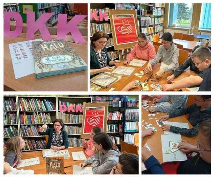 kolaż zdjęć bibliotekarki oraz dzieci w trakcie wykonywania zadań przy stoliku