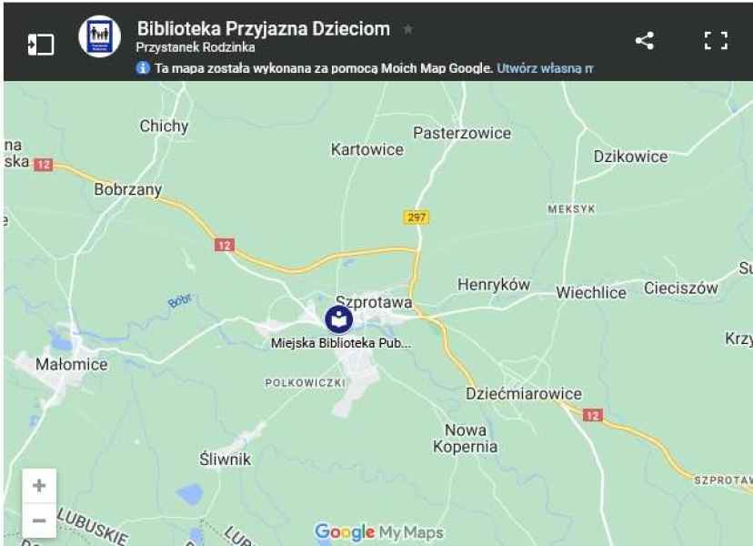 mapka z zaznaczoną biblioteką w Szprotawie jako biblioteka przyjazna dzieciom