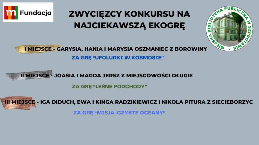 zwycięzcy konkursu I miejsce - Gabrysia, Hania i Marysia Oszmaniec  za grę „ufoludki w kosmosie", II miejsce - Joasia i Magda Jersz  za grę "leśne podchody", III miejsce - Iga Diduch, Ewa i Kinga Radzikiewicz i Nikola Pitura  za grę „misja - czyste oceany