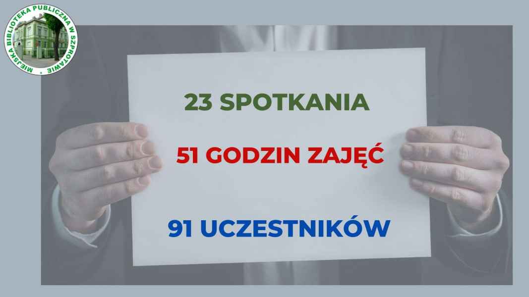 obraz białej kartki papieru trzymanej w dłoniach, na kartce napis 23 spotkania, 51 godzin zajęć, 91 uczestników i logo biblioteki