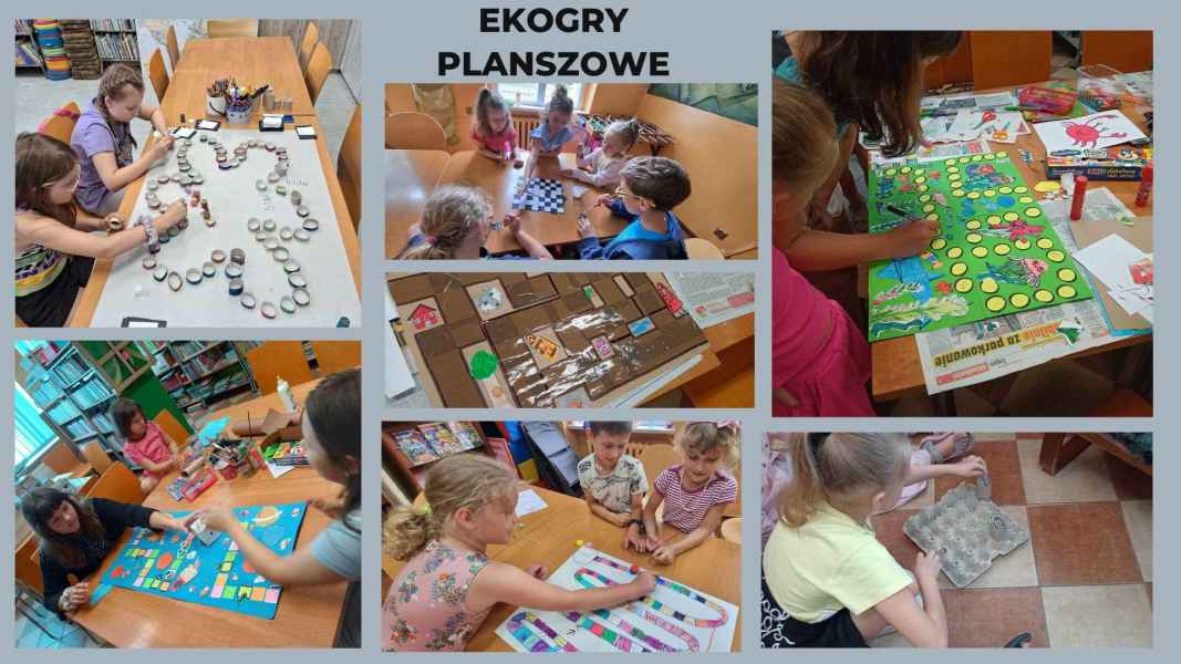 kolaż zdjęć dzieci w trakcie tworzenia własnych gier planszowych z materiałów z recyklingu i podpis ekogry planszowe