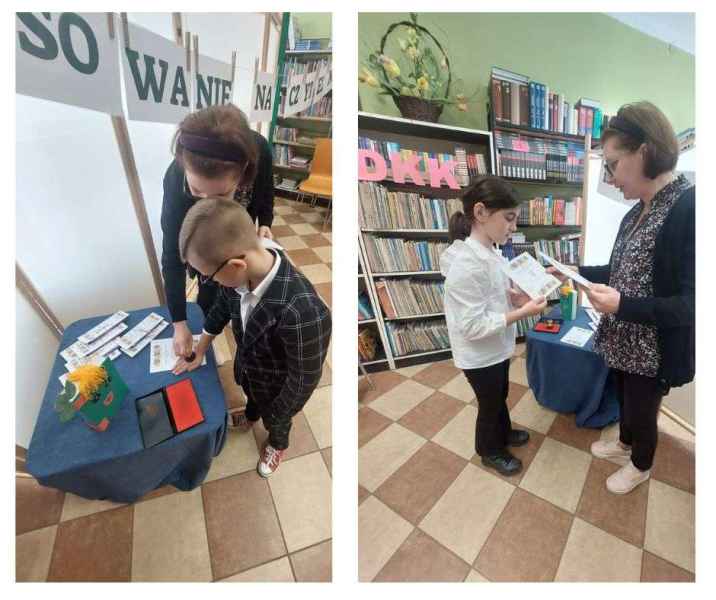 kolaż zdjęć bibliotekarki rozdającej dzieciom dyplomy i składanie pięczęci na ich rękach