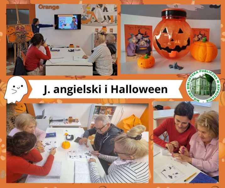 kolaż zdjęć emerytów w trakcie zajęć halloween oraz zdjęcie wydrukowanych dyń i lampionu , obok logo biblioteki