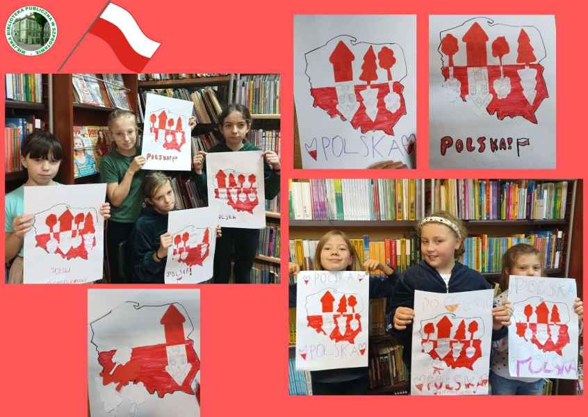 kolaż zdjęć dzieci trzymających biało czerwone prace w kształcie Polski