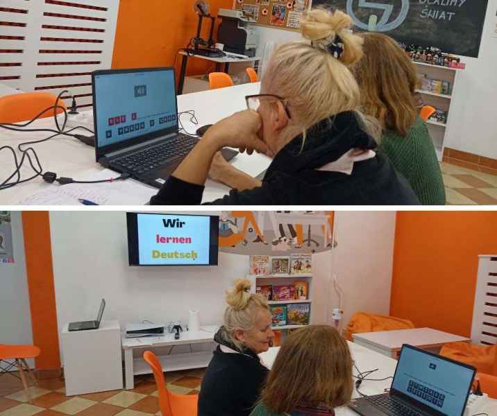 kolaż zdjęć czytelniczek rozwiązujących zadania na laptopie, w tle ekran telewizora z napisem wir lernen deutsch