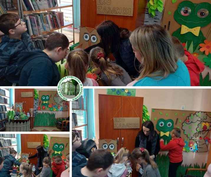 kolaż zdjęć dzieci i wychowawczyni podczas oglądania ekozabawek, pośrodku logo biblioteki