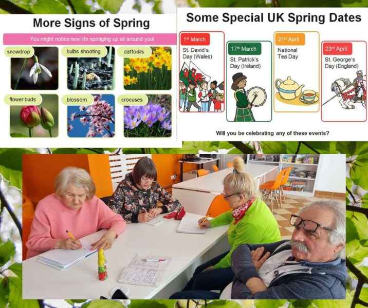 kolaż zdjęć kursantów podczas zapisywania słów oraz zdjęcia slajdów o znakach wiosny i świętach wiosennych w Anglii