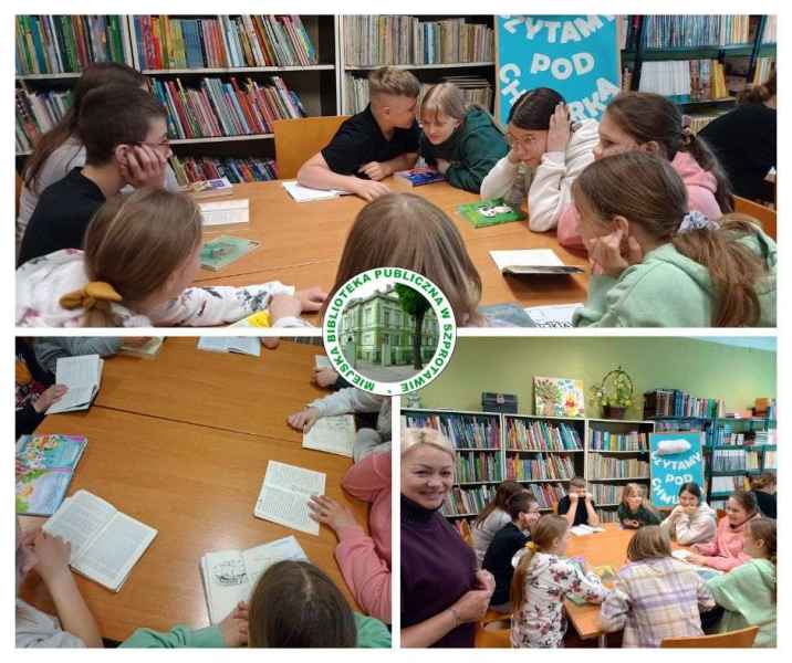 kolaż zdjęć nauczycielki i młodzieży podczas czytania przy stoliku, pośrodku logo biblioteki