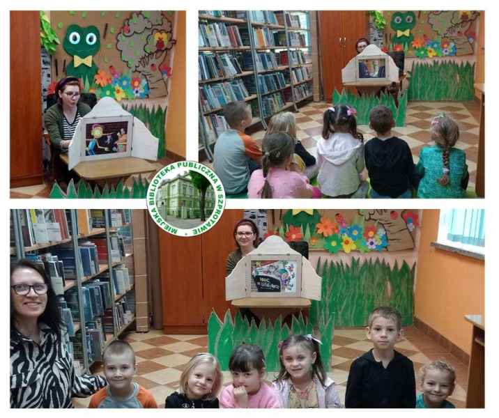 kolaż zdjęć bibliotekarki prezentującem dzieciom z wychowawczynią teatrzyk kamishibai, pośrodku logo biblioteki