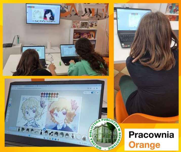kolaż zdjęć klubowiczek podczas szkicowania na laptopach oraz gotowy obraz na laptopie, po prawej stronie logo biblioteki i pracowni orange