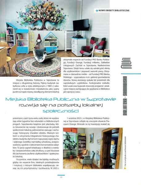 skan Poradnik bibliotekarza nr 5 2024 str. 35 Miejska Biblioteka Publiczna w Szprotawie rozwija się na potrzeby lokalnej społeczności aut. M. Cioch-Ciućmańska