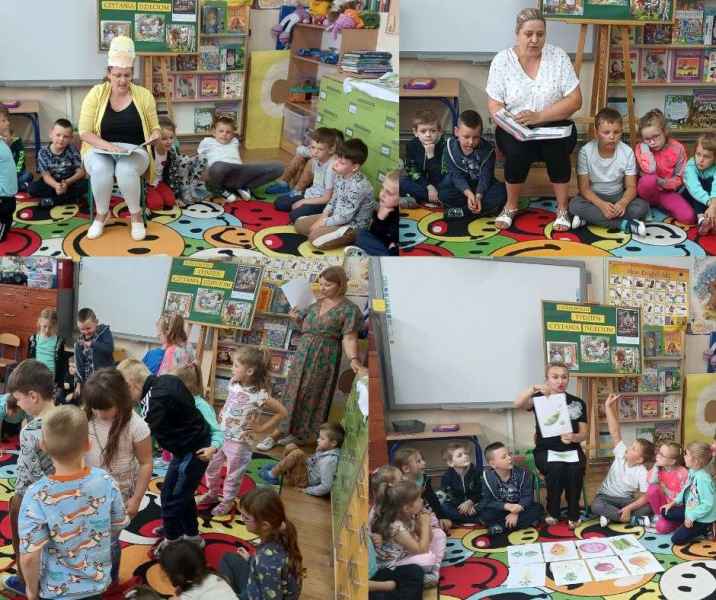 kolaż zdjęć nauczycielek podczas czytania dzieciom książek