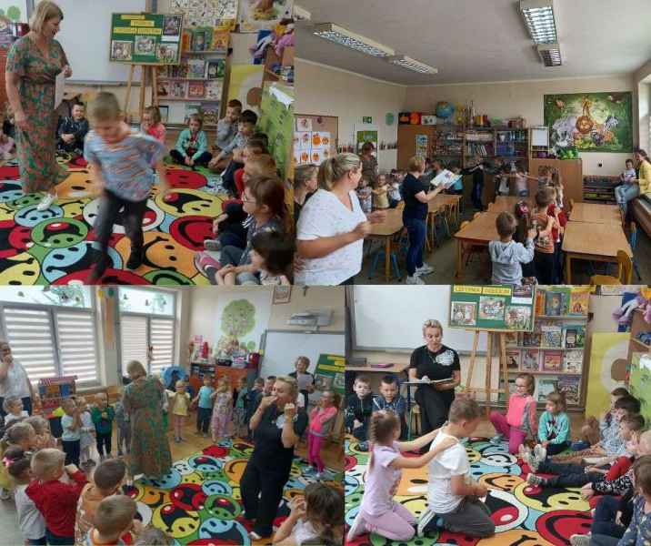 zdjęcie nauczycielek, bibliotekarki i dzieci w trakcie czytania książek i zabaw