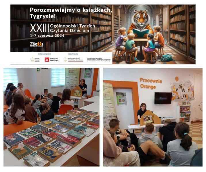 kolaż zdjęć bibliotekarki i dzieci oraz teatrzyk kamishibai, na górze plakat z napisem porozmawiajmy o książkach, tygrysie! XXIII ogólnopolski tydzień czytania dzieciom 1-7 czerwca 2024, na dole logo patronów
