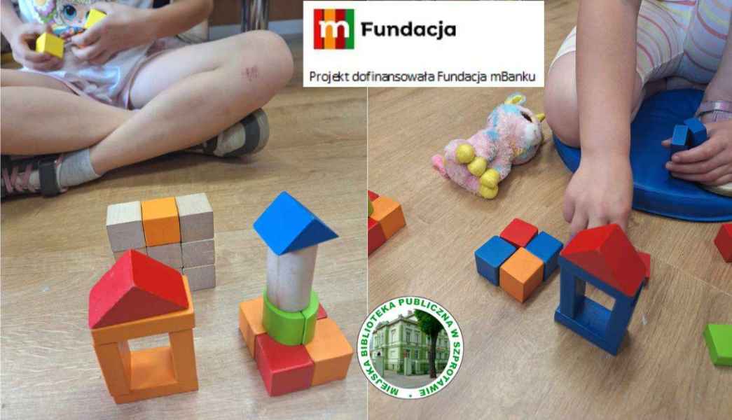 kolaż zdjęć tworzonych budowli, w tle dzieci, na górze logo mfundacji z napisem projekt dofinansowała fundacja mbanku, na dole logo biblioteki