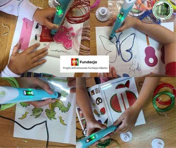 kolaż zdjęć rąk dzieci podczas drukowania z długopisem 3D, na górze logo biblioteki, pośrodku logo mfundacji z napisem projekt dofinansowała fundacja mBanku