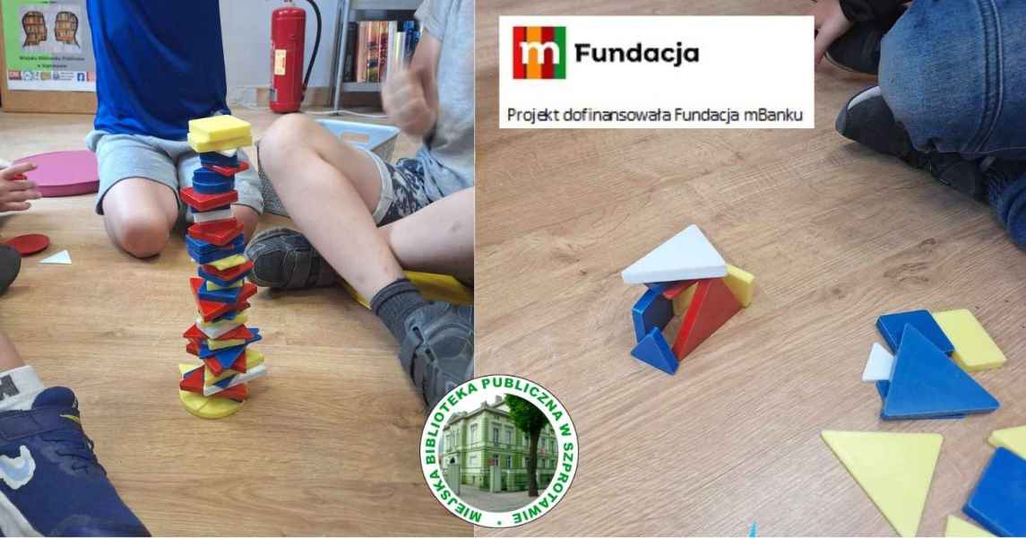 kolaż zdjęć konstrukcji z klocków na podłodze, w tle dziecim na dole logo biblioteki, na górze logo mfundacji z napisem projekt dofinansowała fundacja mbanku
