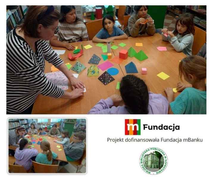 kolaż zdjęć bibliotekarki i dzieci podczas skłądania brył z papieru, na dole logo mfundacji z napisem projekt dofinansowała fundacja mbanku i logo biblioteki