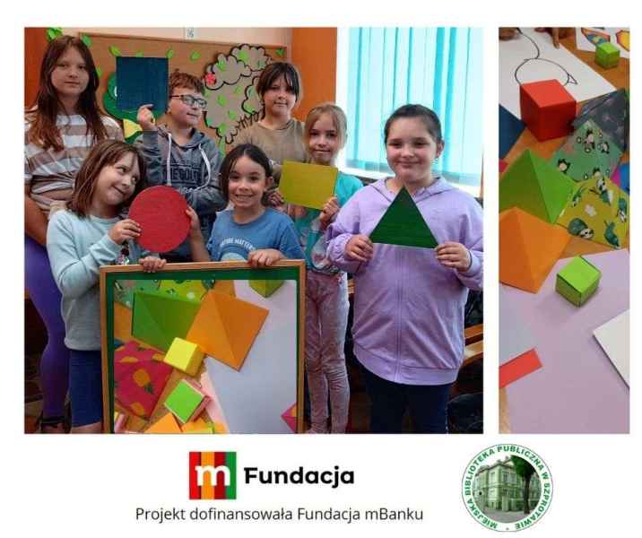 kolaż zdjęć dzieci z figurami geometrycznymi z papieru, na dole logo mfundacji z napisem projekt dofinansowała fundacja mbanku i logo biblioteki