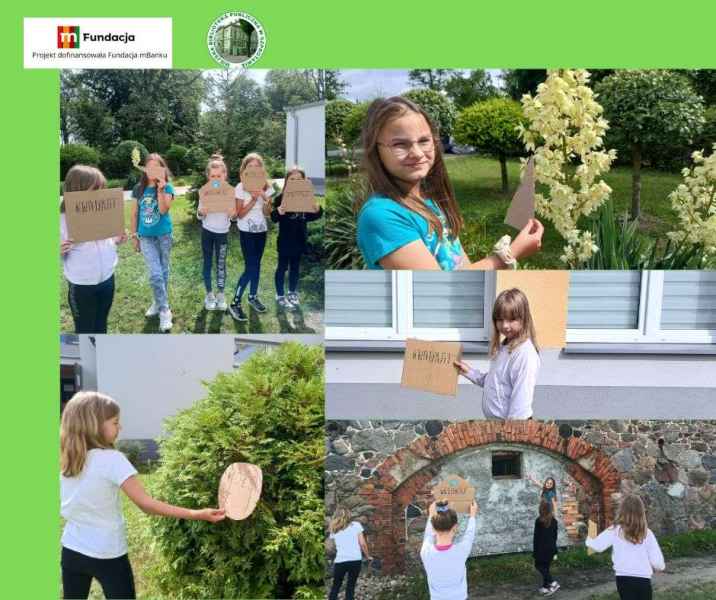kolaż zdjęć dzieci z nazwami figur geometrycznych i szukających ich w naturze, na górze logo biblioteki i mfundacji z napisem projekt dofinansowała fundacja mbanku