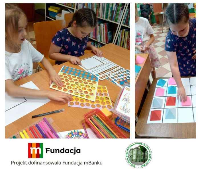 kolaż zdjęć dzieci z kartami edukacyjnymi i podczas stawiania sudoku z brył, na dole logo mfundacji z napisem projekt dofinansowała fundacja mbanku i logo biblioteki