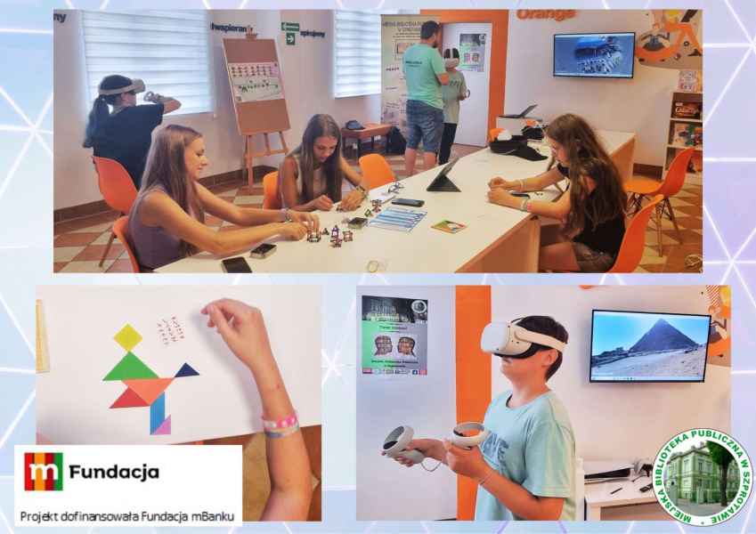kolaż dzieci układających tangram, klocki magnetyczne i z goglami VR, na dole logo biblioteki i mfundacji z napisem projekt dofinansowała fundacja mbanku