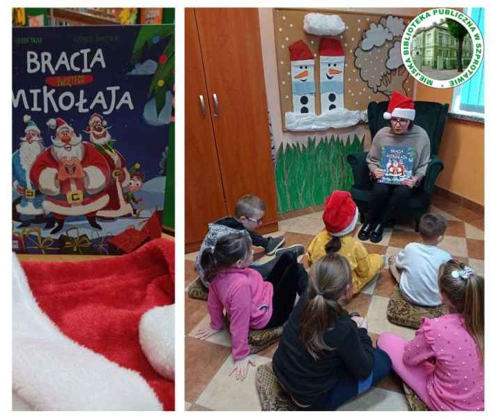 kolaż zdjęć bibliotekarki pokazującej dzieciom książkę oraz zdjęcie okładki książki, po prawej logo biblioteki