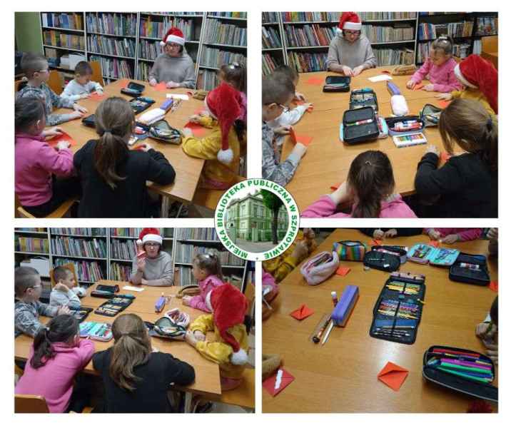 kolaż zdjęć dziecio podczas wykonywania zakładek origami, pośrodku logo biblioteki