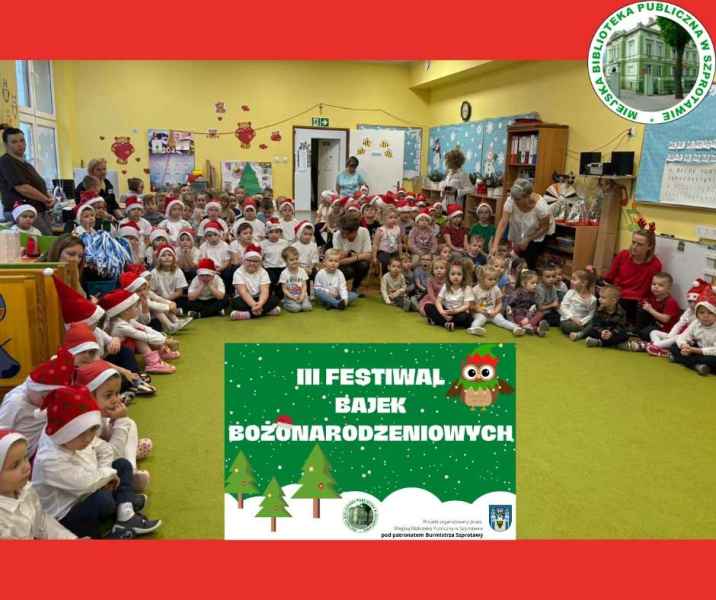 zdjęcie grupowe przedszkolaków i pań wychowawczyń, z przody grafika plakatu projektu, po prawej logo biblioteki