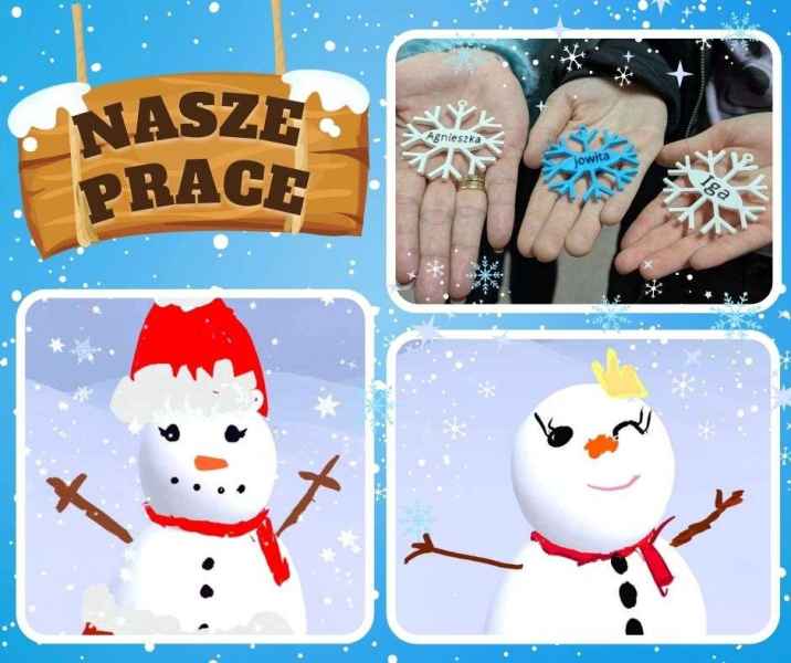 kolaż zdjęć zawieszek imiennych i zrzutów ekranu z bałwankami, po lewej napis nasze prace