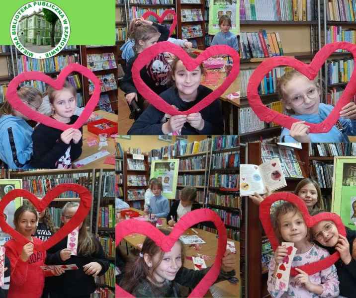 kolaż zdjęc dzieci w serduszkowych ramkach i z własnoręcznie wykonanymi zakładkami do książek, po lewej stronie logo biblioteki
