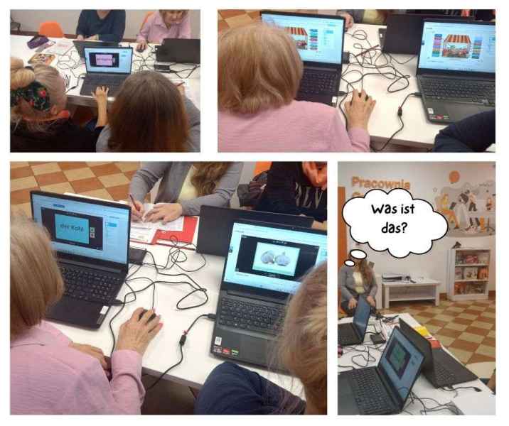 kolaż zdjęć czytelniczek podczas rozwiązywania zadań na laptopach i chmurka z tekstem was ist das?