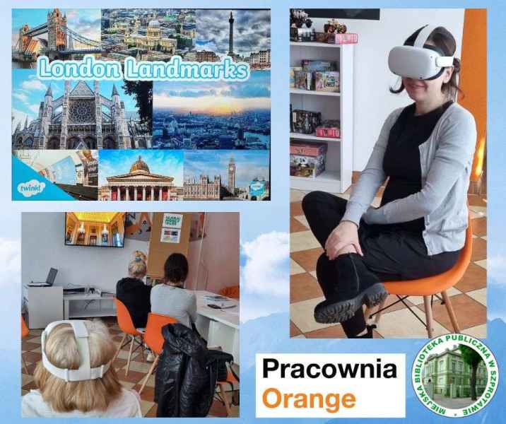 kolaż zdjęć czytelników z goglami VR, zdjęć Londynu z napisem London landmarks i logo pracowni orange i biblioteki