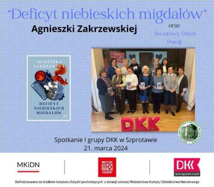 ołoszenie deficyt niebieskich migdałów Agnieszki Zakrzewskiej i światowy dzień poezji, na dole zdjęcie uczestników, okładka książki i logotypy patronów